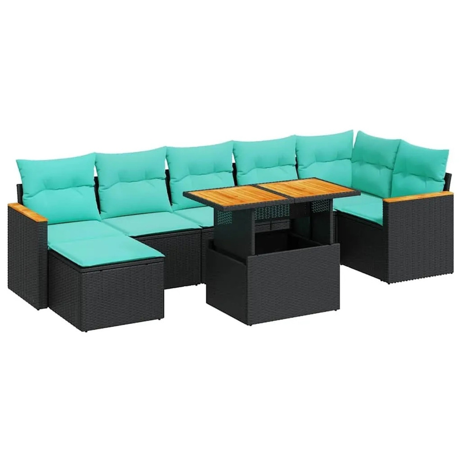 vidaXL 8-teilige Garten-Sofagarnitur in L-Form aus Poly-Rattan und Akazienholz mit Kissen in Schwarz - Bild 2