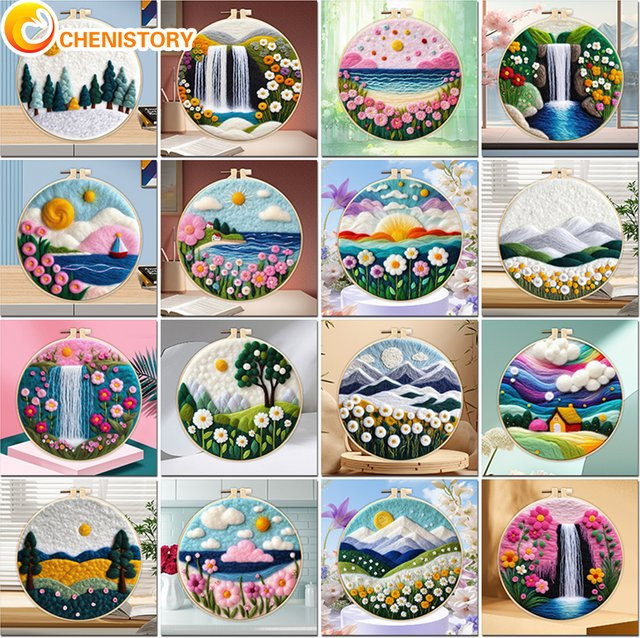 Cheni story DIY Wollfilz Malerei Kit Landschaft mit Rahmen, Mehrfarbig, B/H: 20 x 20 cm - Bild 1
