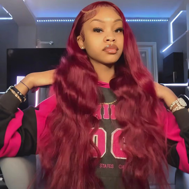 Graww Rote Body Wave HD Lace Frontal Perücke, Burgunderrot, Damen - Bild 1