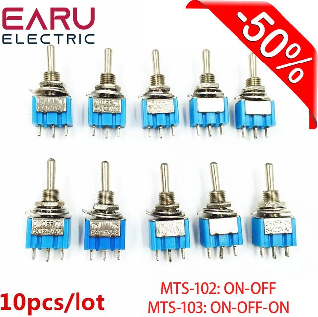 10 Stück Mini-Kippschalter EARU MTS-102 SPDT 3 Pin 6A 125V ON-OFF Rast-Netzschalter in Blau - Bild 1
