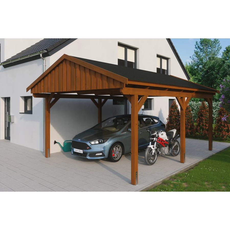 Skan Holz Carport Fichtelberg aus Fichte Leimholz in Braun mit spitzer Dachform und Dachschindeln, B/T: 423 x 566 cm, Höhe: 326 cm - Bild 2