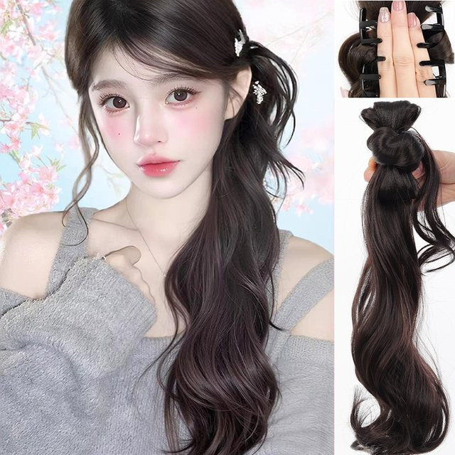 allaosify Perücke mit Haarknoten-Clip, Stirnband, Pferdeschwanz-Verlängerung und Zopf, Synthetisch - Bild 1