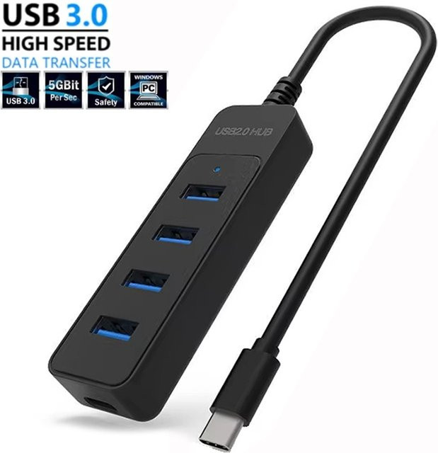 VORTNGLE USB-C Hub 4-Port USB 3.0 Multi-USB Splitter Adapter in Schwarz - Bild 1