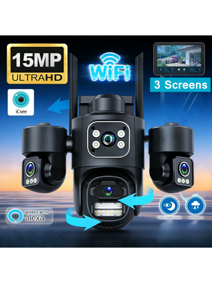 DiFang IP-Kamera mit 15MP HD, 8MP Dual-Objektiv und drei Bildschirmen, WLAN Videoüberwachungskamera mit automatischer Verfolgung, IP66 wasserdicht, Schwarz - Bild 7