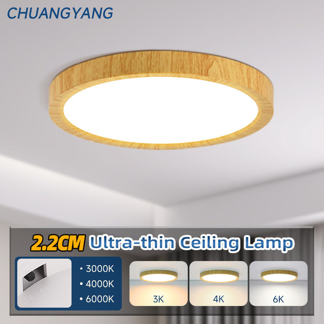 CHUANGYANG LED-Deckenleuchte in Holzoptik, ultradünn mit 2,2 cm, wasserdicht, rund, 3 Farbtöne, ideal für Küche, Badezimmer, Schlafzimmer und Wohnzimmer - Bild 1