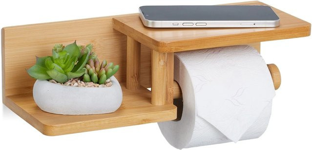 Relaxdays Toilettenpapierhalter aus Bambus in Natur mit 2 Ablagen, B/T/H: 31 x 12,5 x 9 cm - Bild 1