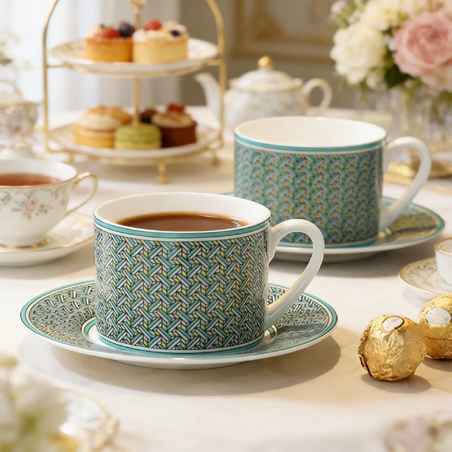 Elegantes Bone China Kaffeetassen-Set mit Untertassen in Schwarz und Multicolour im geometrischen Retro-Design - Bild 1