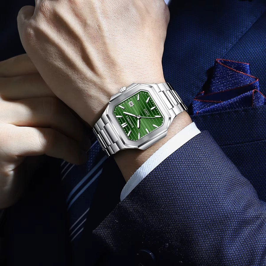 BANGWEI Armbanduhr, Quarz, Edelstahl, Grün, Herren, Eckig - Bild 1