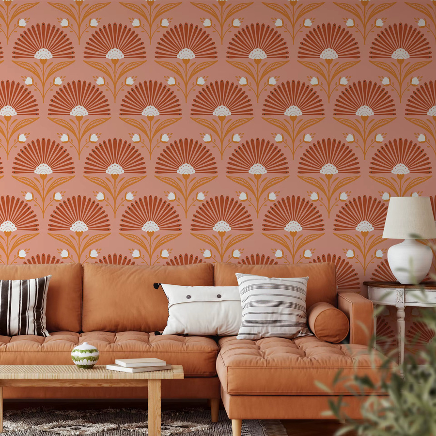 Selbstklebende Tapete Brangdy in Orange mit modernem floralem Fächer- und Vintage-Geometrie-Design, abnehmbar - Bild 2