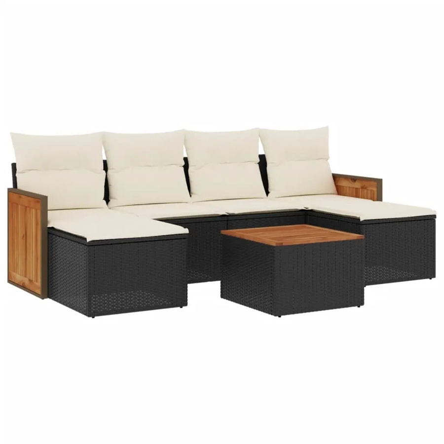vidaXL 7-teilige Garten-Sofagarnitur in L-Form aus Poly-Rattan und Akazienholz mit Kissen in Schwarz und Cremeweiß - Bild 2