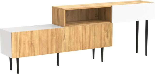 okwish TV Schrank mit modularer Stauraum-Lösung in Natur und Weiß, modernes Design mit Metallbeinen, B/T/H: 240 x 30 x 63,5 cm - Bild 1