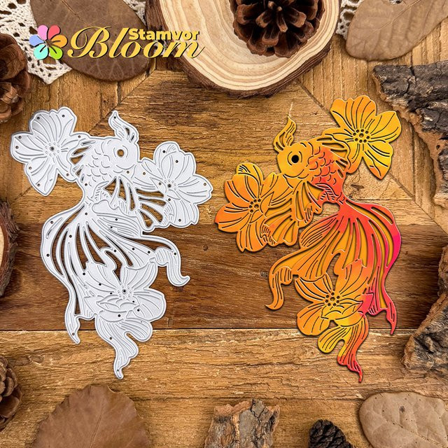 Metall-Stanzformen für Scrapbooking und dekorative Prägung mit Goldfischen und Blumen in Silber - Bild 1