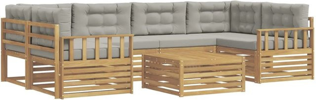 vidaXL Outdoor-Sofagarnitur 7-teilig in L-Form aus Akazienholz mit Polstern in Weiß und Hellgrau - Bild 1