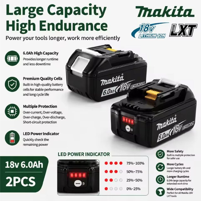 Makita 18V Li-Ionen-Akku 6000mAh in Schwarz für Elektrowerkzeuge wie Sägen und Gebläse - Bild 1