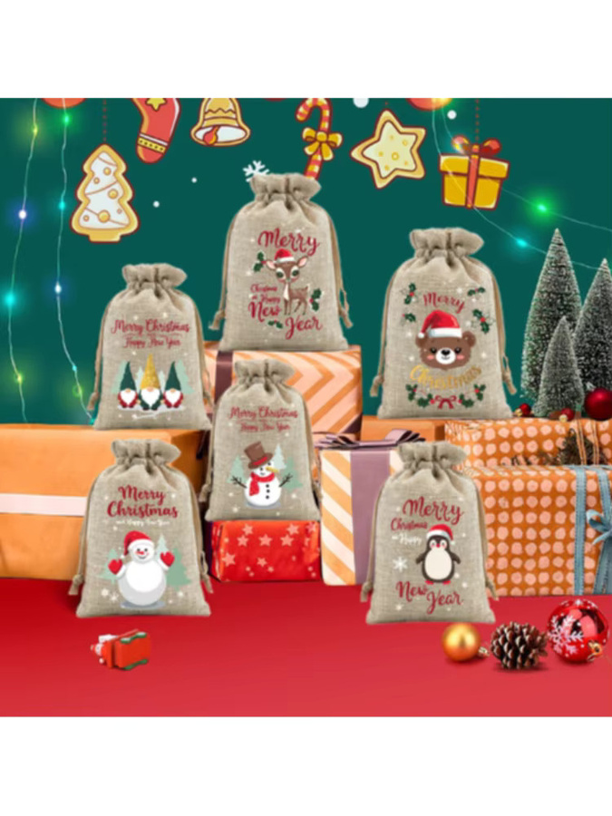 6 Stück Weihnachts-Geschenktüten aus Jute in Beige mit Kordelzug als wiederverwendbare Geschenkverpackung für Kekse und Süßigkeiten - Bild 7