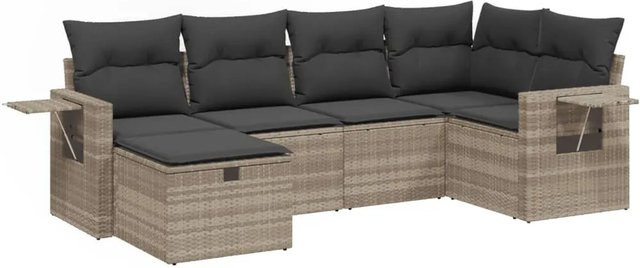 vidaXL 6-teilige Garten-Sofagarnitur in L-Form mit Ottoman, Hellgrau, Poly Rattan und Polsterkissen - Bild 1