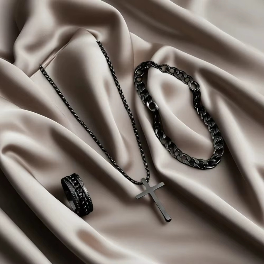 Schmuck-Set Edelstahl, Kreuz Anhänger, Halskette, Armband, Ring, Schwarz, Herren - Bild 1