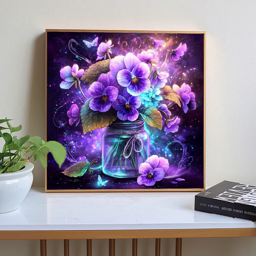 Huacan Diamant-Malerei Set mit Stiefmütterchen und Vase, buntes Diamant-Mosaik Blumen-Set zur Heimdekoration, B/H: 20 x 20 cm - Bild 3