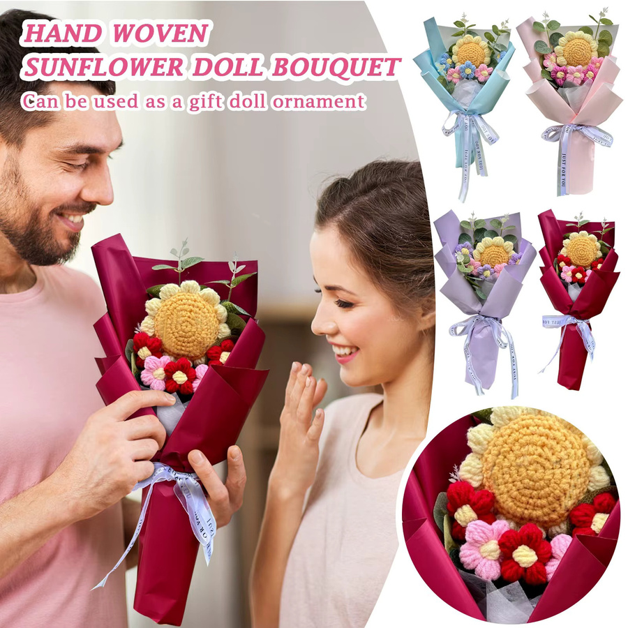 Handgefertigter Häkel-Blumenstrauß aus Textil von Efun mit Sonnenblumen und Gänseblümchen in Gelb, Blau und Multicolour - Bild 1