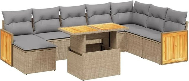 vidaXL 9-tlg. Garten-Sofagarnitur in U-Form aus Poly-Rattan und Akazienholz mit Kissen in Beige - Bild 1