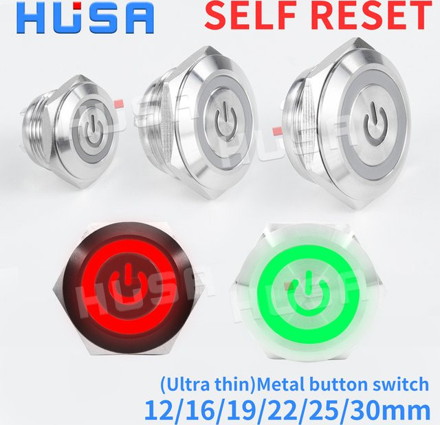 HUSA Mini Metall-Drucktastenschalter mit LED-Beleuchtung, wasserdicht, Momentkontakt, 1NO, Farbe: Silber - Bild 1