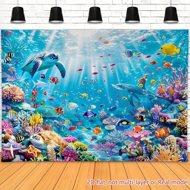 Maritimer 2D-Flachhintergrund mit Meeres-Schildkröten, Delfinen, Fischen und Korallenriffen in Multicolour für deine Party-Dekoration - Bild 1
