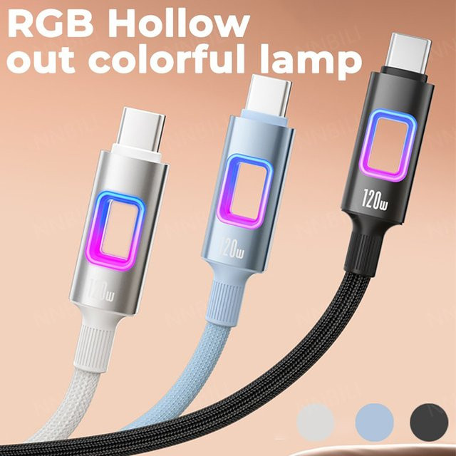 RGB USB-C zu Typ-C Schnellladekabel 120W in Schwarz für Android-Smartphones von Xiaomi, Huawei, Vivo, Oppo und Samsung - Bild 1