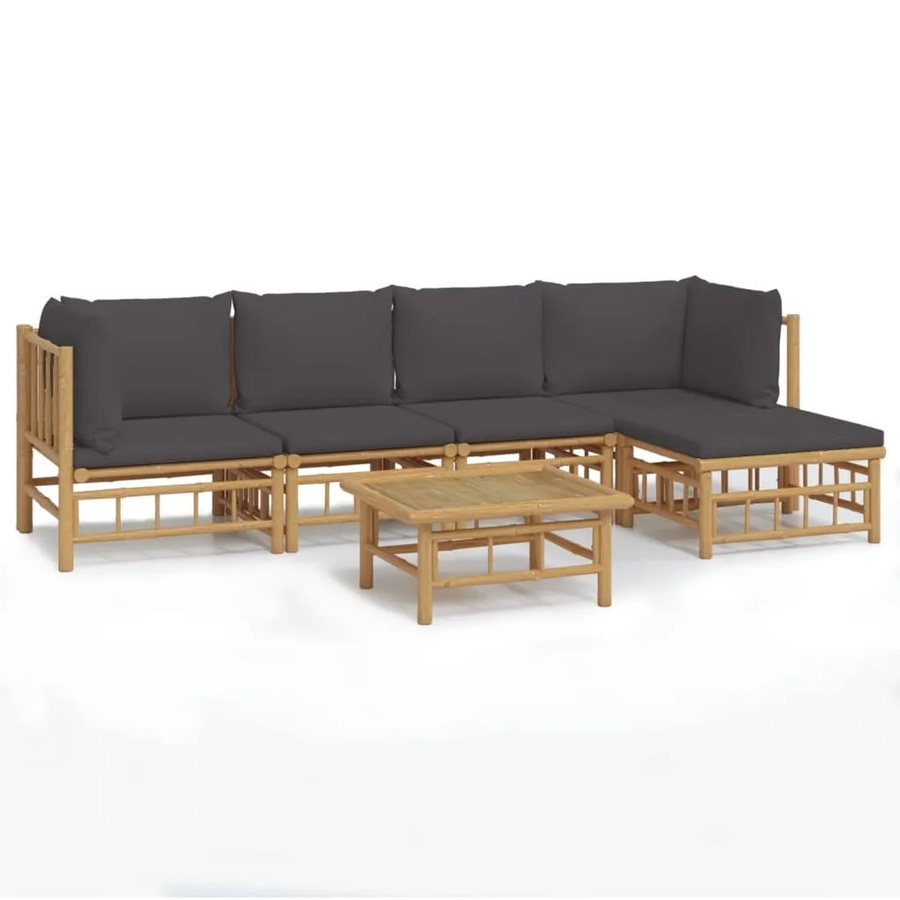 vidaXL 6-tlg Garten-Lounge-Set aus Bambus mit dunkelgrauen Polsterkissen in L-Form - Bild 2