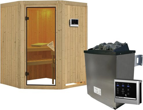 Karibu Sauna Tartu aus Fichtenholz mit 9 kW Saunaofen und externer Steuerung für 3 Personen, beige, B/T/H: 198 x 151 x 151 cm - Bild 1