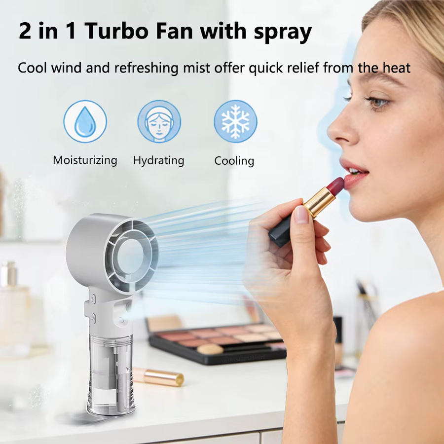 Tragbarer Nebelventilator Raugee in Weiß, wiederaufladbarer Mini-Handventilator mit Nebelspray für unterwegs, zu Hause und im Büro - Bild 2