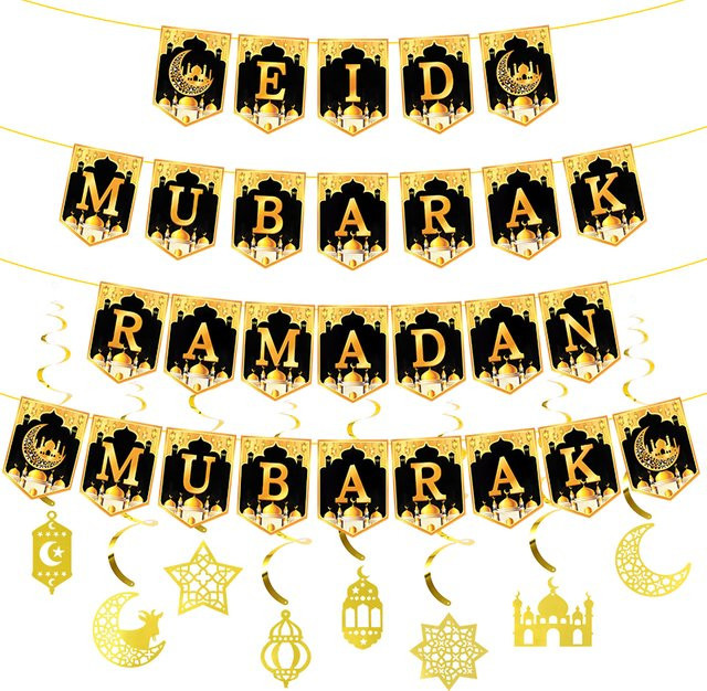 Ramadan Mubarak Banner Dekoration Goldene Wimpelkette aus Papier für Eid Al Fitr und Islamische Feierlichkeiten von ZQCXLD - Bild 1