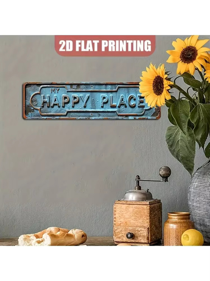 Vintage-Wandschild My Happy Place von HELLOYOUNG aus Aluminium in Blaugrün mit weißem Schriftzug, rechteckige Metall-Wanddekoration - Bild 5