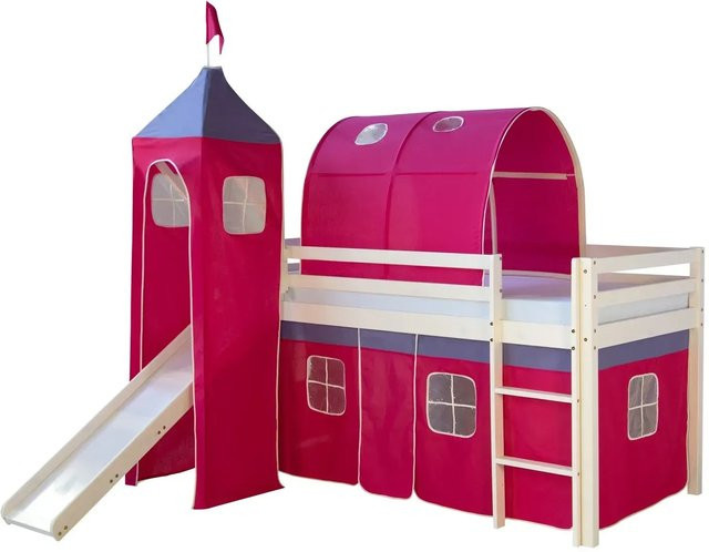 Homestyle4u Hochbett für Kinder aus Kiefernholz in Weiß mit Rutsche und pinkem Vorhang, B/T/H: 90 x 200 x 175 cm - Bild 1