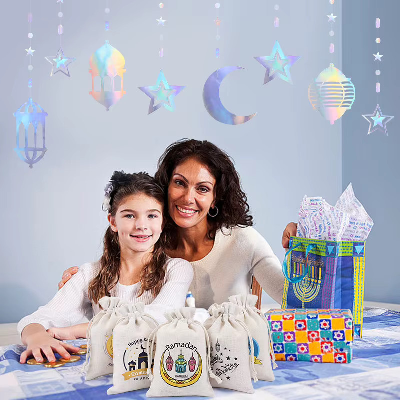 Ramadan Leinen-Geschenktüten mit Kordelzug in Beige für Eid Mubarak Süßigkeiten und Snacks - Bild 2