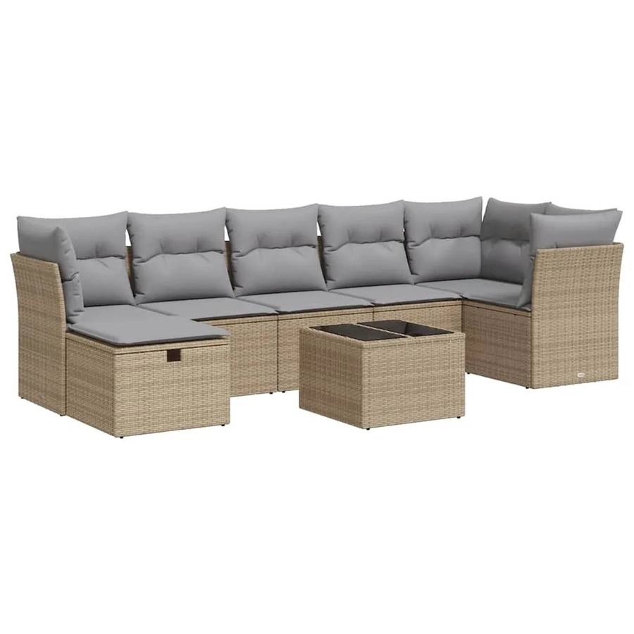 vidaXL 8-tlg. Garten-Sofagarnitur in L-Form aus Poly-Rattan mit Kissen und Couchtisch in Beige - Bild 2