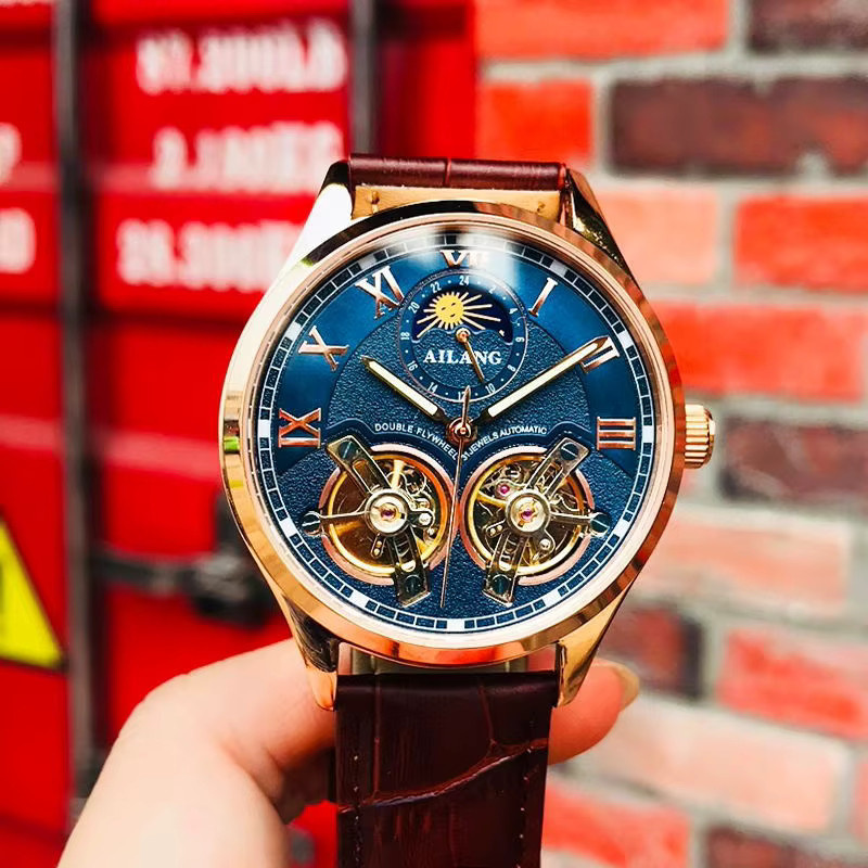 AILANG Armbanduhr Automatik, Doppel Tourbillon, Roségold, Edelstahl, Leder, Blau, Herren - Bild 4