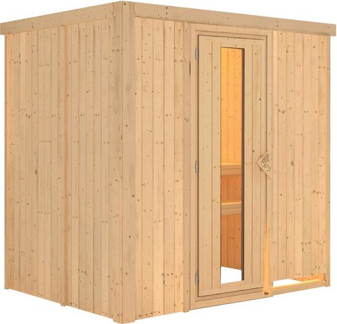 Karibu Sauna Kothla für 3 Personen aus Fichtenholz in Beige ohne Ofen B: 198 cm, T: 196 cm, H: 151 cm - Bild 1