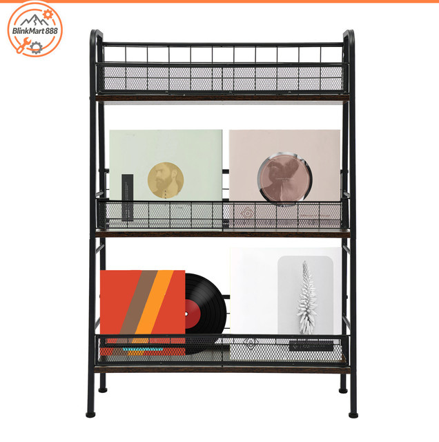 Bymaocar Schallplattenregal aus Metall in Schwarz, freistehendes Aufbewahrungsregal mit 3 Ebenen und Zeitschriftenhalter im Industrial-Design - Bild 1
