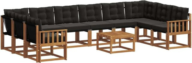 vidaXL Outdoor-Sofagarnitur 11-tlg. aus massivem Akazienholz mit Textilene und Kissen in Natur und Schwarz - Bild 1