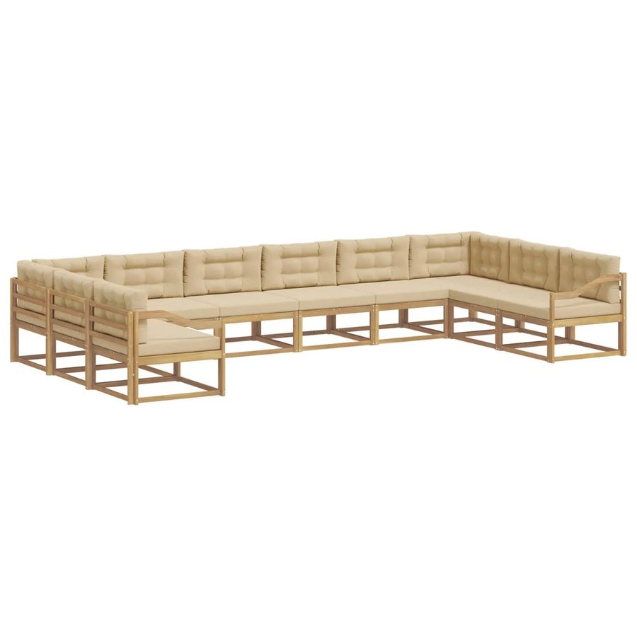 vidaXL Outdoor-Sofagarnitur in U-Form aus massivem Akazienholz mit 10-teiligem Polster-Set in Weiß und Beige - Bild 2