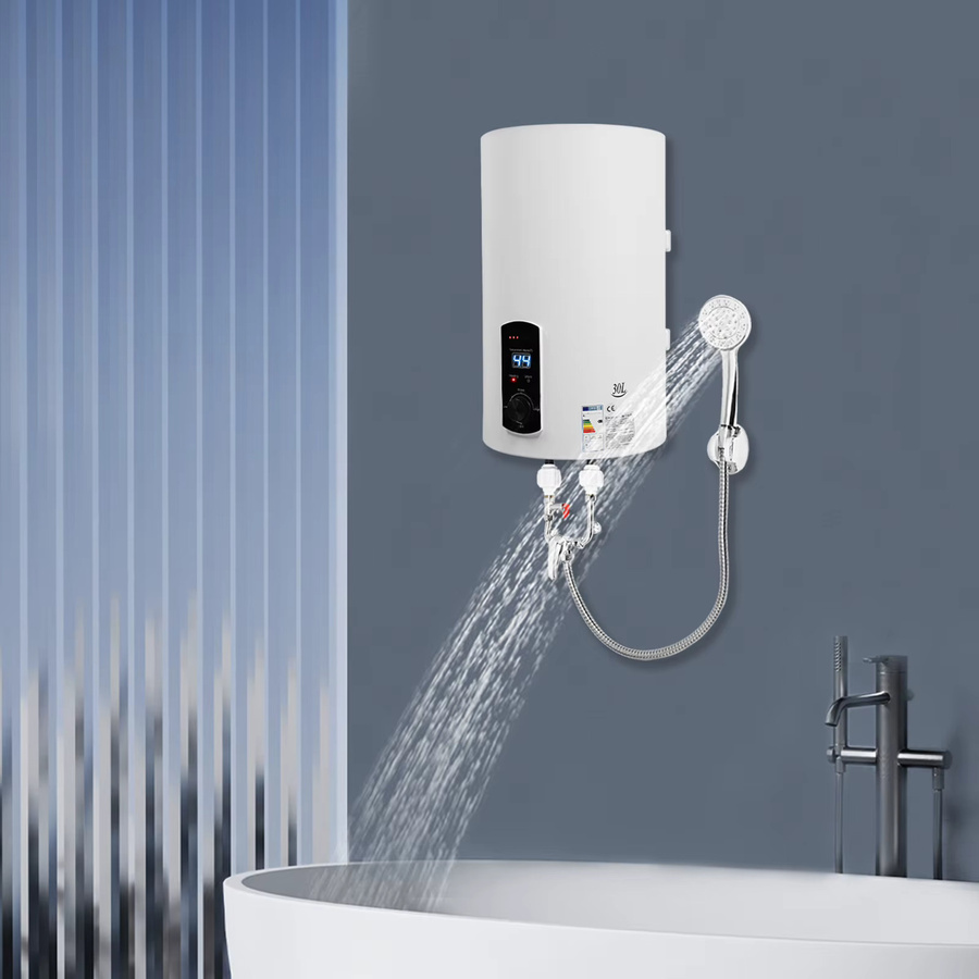 Elektrischer Warmwasserbereiter 30 L, wandmontierter Speicherboiler aus Edelstahl mit LED-Anzeige, 2000 W, Silber/Weiß - Bild 4