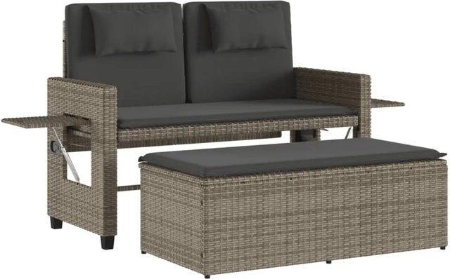 Furnicato Gartenbank aus grauem PE-Rattan mit Kissen und Armlehnen, verstellbar und wetterfest, B/T/H: 122 x 83 x 58 cm - Bild 1