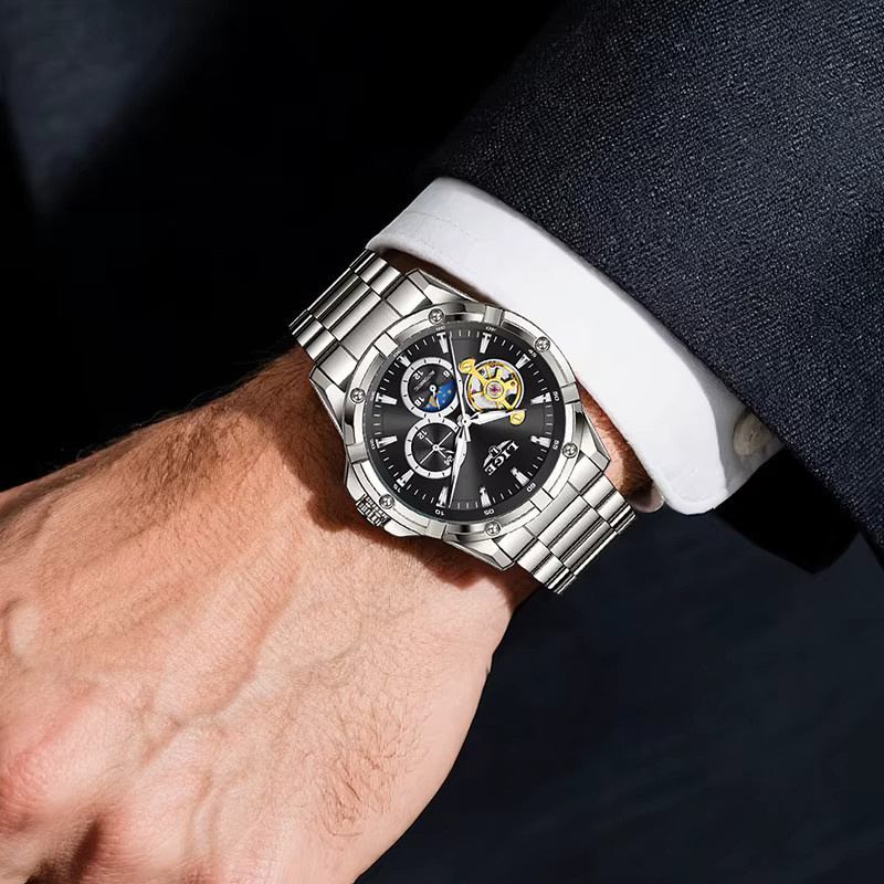 LIGE Armbanduhr Automatik, Edelstahl, Schwarz, Herren - Bild 5