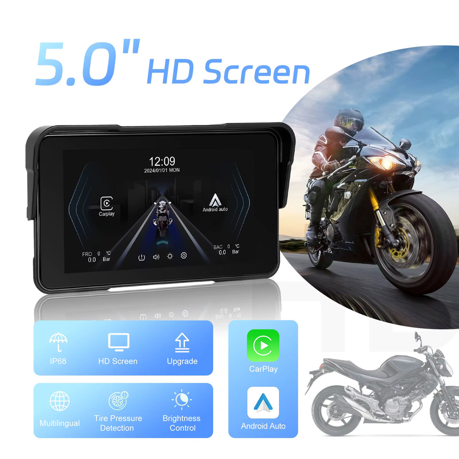 Podofo 5 Zoll HD-Bildschirm Tragbarer Smart Player für Motorräder mit Android Auto und Apple CarPlay, IP68 Wasserdicht, Schwarz - Bild 5