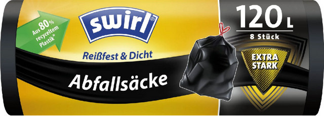 Swirl Abfallsäcke 120 Liter mit Zugband, extra stark und reissfest, schwarz, B/H: 75 x 100 cm, 8 Stück - Bild 1