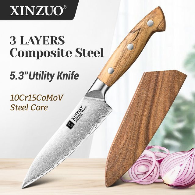 XINZUO Utility Messer mit Damaststahl und Olivenholz Griff, 13,46 cm - Bild 1