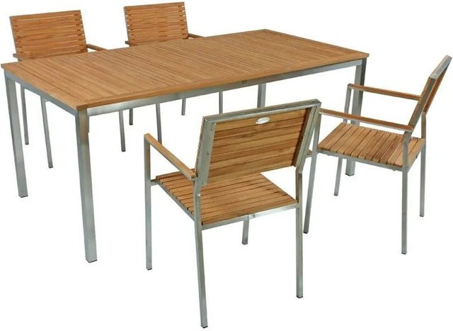 DELUKE Garten-Sitzgruppe PAUL 5-tlg. aus Teakholz und Edelstahl in Braun und Silber - Bild 1