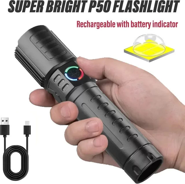 ESMARTER LED-Taschenlampe mit P50-Perlen, schwarz, wiederaufladbar und zoombar mit 3 Beleuchtungsmodi und wasserdichter Funktion - Bild 1