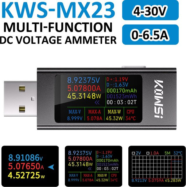 Digitaler USB Tester DC Voltmeter und Amperemeter zur Strom- und Spannungsanzeige für Powerbanks und Ladegeräte, Schwarz, 4-30V, 6,5A - Bild 1