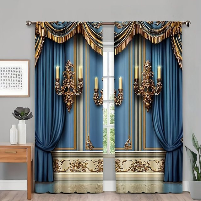 2er-Set Vintage Vorhänge mit europäischem Schloss- und Palastmotiv in Gold und Blau, florale Dekoration für Wohnzimmer und Schlafzimmer - Bild 1